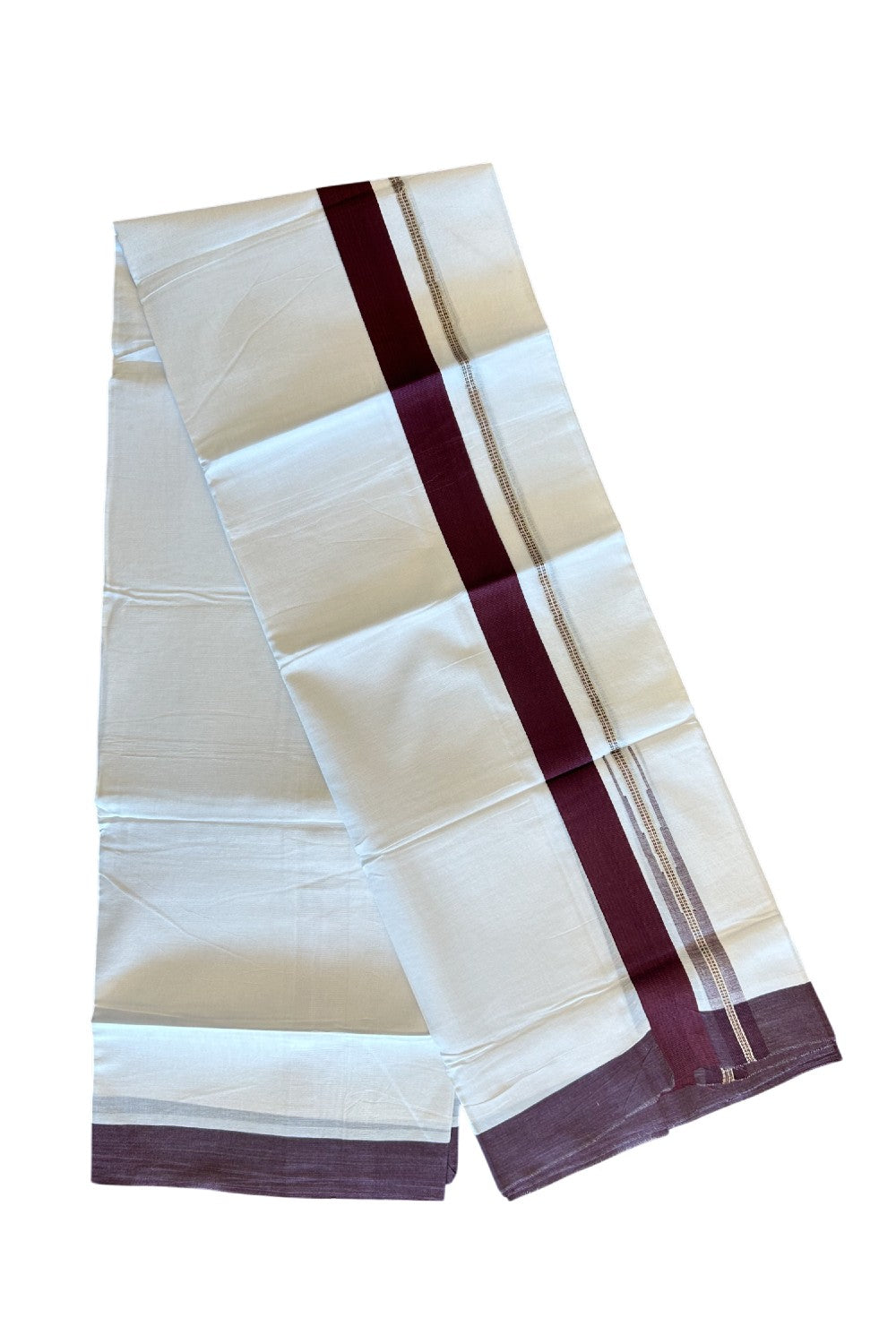 Kaitharikada  Balaramapuram 100% Pure Cotton PURE WHITE Double Mundu/Dothi - 80x92 - 1.5 Inch Dark Maroon & Silver striped Chutty kara - 20KK5022VAN