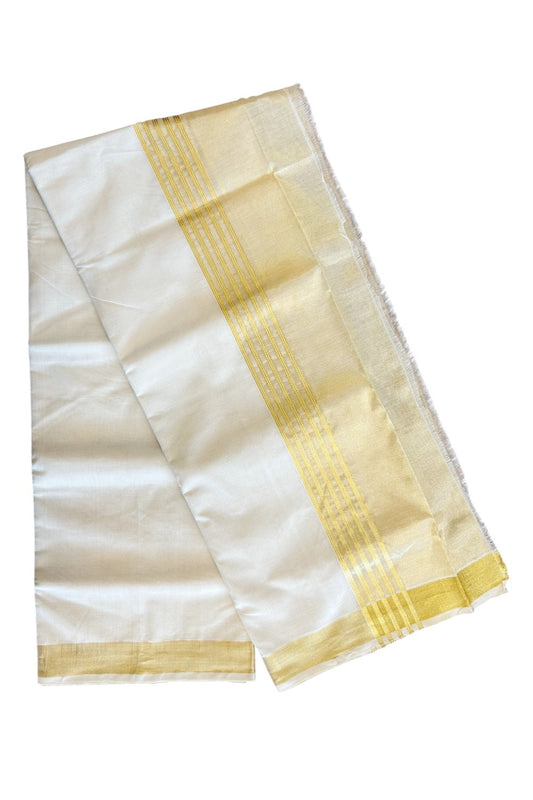 8% DISCOUNT! KaithariKada HANDLOOM Millpaav Balaramapuram - 100% PURE Cotton Off White -  Double Mundu/Dhoti - Gold Kasavu 6.75 inch Kara Stripes & Tissue- 20KK5029RAM