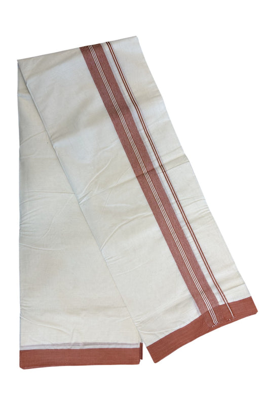 21% Discount  New!! KaithariKada Balaramapuram 100% Cotton Double Off white - (Unbleached) - Mundu/Dhoti - 100x100 - 2.25 inch Orange Brown Strips kara - 45