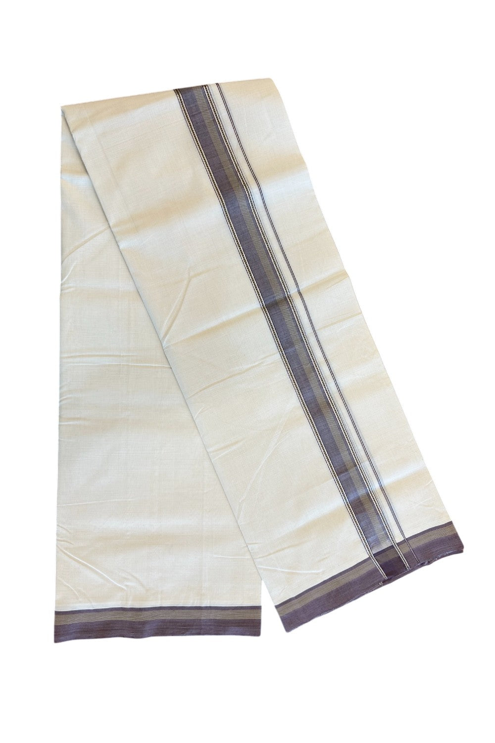 19% Discount!!! KaithariKada HANDLOOM UNAKKUPAAV Balaramapuram - 100% PURE Cotton off white Double - (Unbleached) Mundu/Dhoti - 2 inch Silver kasavu Brown & Sage Green striped kara - 19KK5049REA