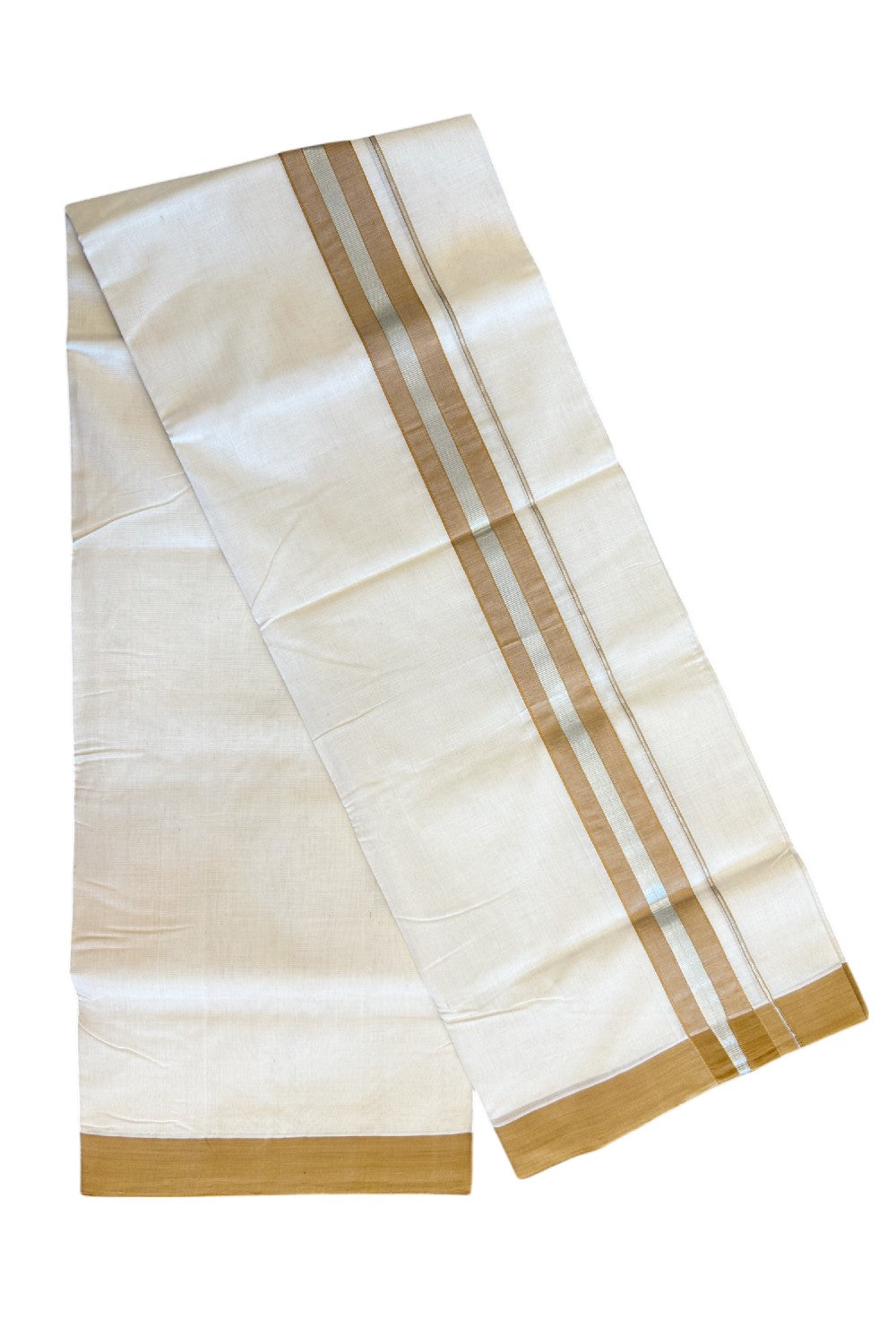 21% Discount KaithariKada HANDLOOM Unakkupaav Balaramapuram - 100% PURE Cotton Off White (Unbleached) - 100x100 Double Mundu/Dhoti - 2.25 inch  Silver Kasavu Light Brown Kara- 218