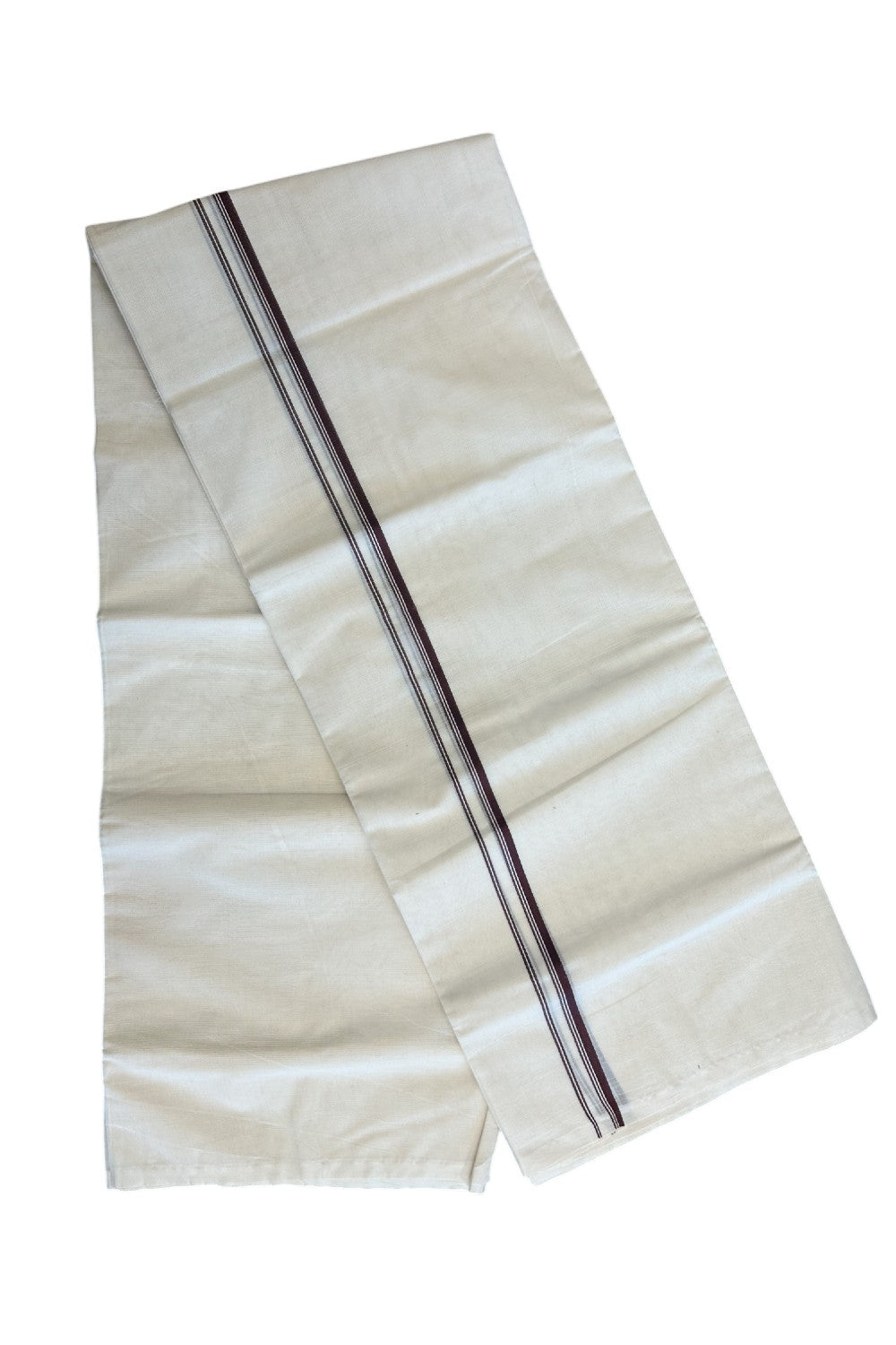 33% DISCOUNT ! KaithariKada Balaramapuram 100% Cotton Double Off white (Unbleached) Mundu/Dhoti-100X100-  BROWN  & STRIPES 2.cm Kara.- ASH015.