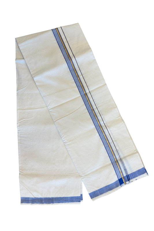 32% Discount ! KaithariKada 100% Cotton Balaramapuram HANDLOOM Single Mundu/Dhoti - Off White (Unbleached) 1.Inch Blue & Stripes Kasavu Puliyilakkara Chutty.