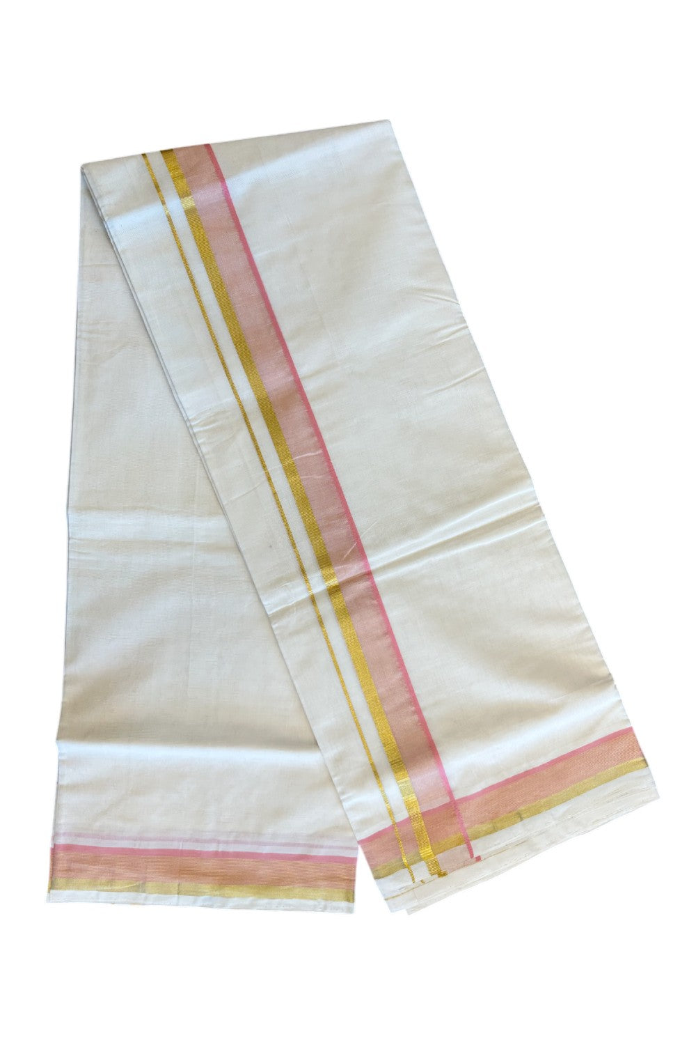 21% Discount!!! KaithariKada 100% Cotton HANDLOOM Off white (Unbleached) Double Dhoti/Mundu - 2 inch Pink& Kasavu Border