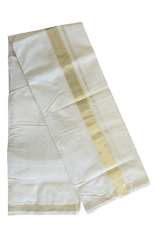 30% DISCOUNT ! KaithariKada HANDLOOM Millpaav Balaramapuram - 100% PURE Cotton Off White - (Unbleached) Double Mundu/Dhoti - 2.25 inch Gold Kasavu & Silver Striped Kara - 20KK5105RAM