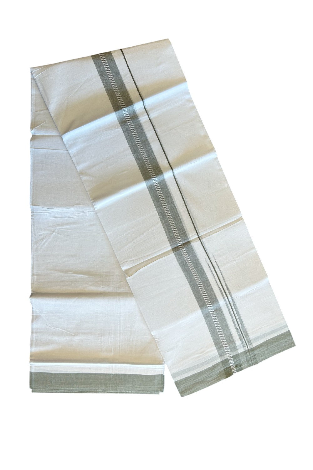 25% DISCOUNT!!! KaithariKada Balaramapuram 100% Cotton Double PURE white Mundu/Dhoti -80X80 - 1.25 Inch Dark Sage green & White Centre stripes Chutty kara - 20KK5108GAN