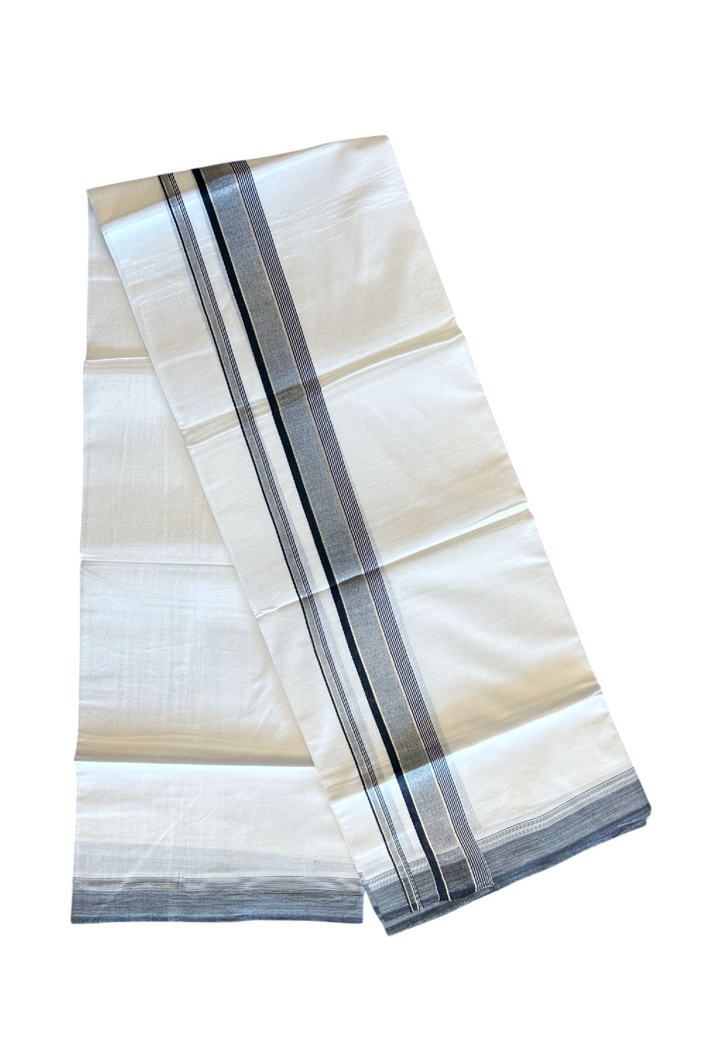 20% Discount !! KaithariKada Balaramapuram Double PURE WHITE Mundu/Dhoti- 100x80 - 2.75 inch Black with Silver Striped kara - 3.90 mtr - 20KK5112PMC