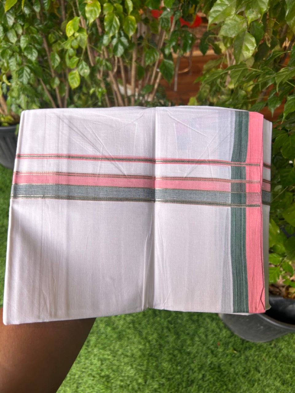 21% Discount !! KaithariKada Balaramapuram Double PURE WHITE Mundu/Dhoti- 100x80 - 1.25 inch Pink Green Kara Silver Striped kara - 20KK5143PMC