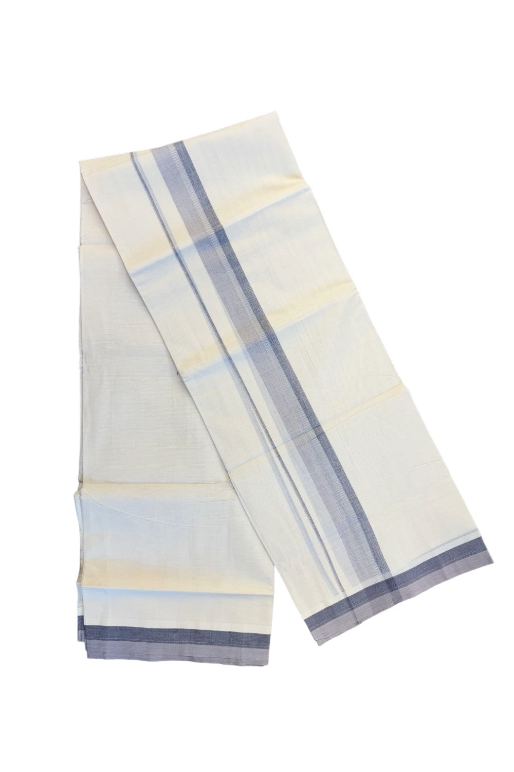 19% DISCOUNT ! KaithariKada Balaramapuram 100%  Cotton off white Double  Mundu/Dhoti - 100X100  Gray & Navy blue shaded kara with  centre stripes - 20KK81VIN