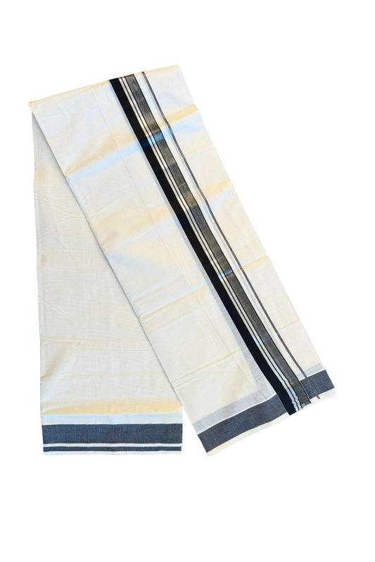 15% DISCOUNT!!! KaithariKada Balaramapuram 100%  Cotton off white - (Unbleached) Double  Mundu/Dhoti - 100X100  black & silver  shaded kara - 20KK82VIN