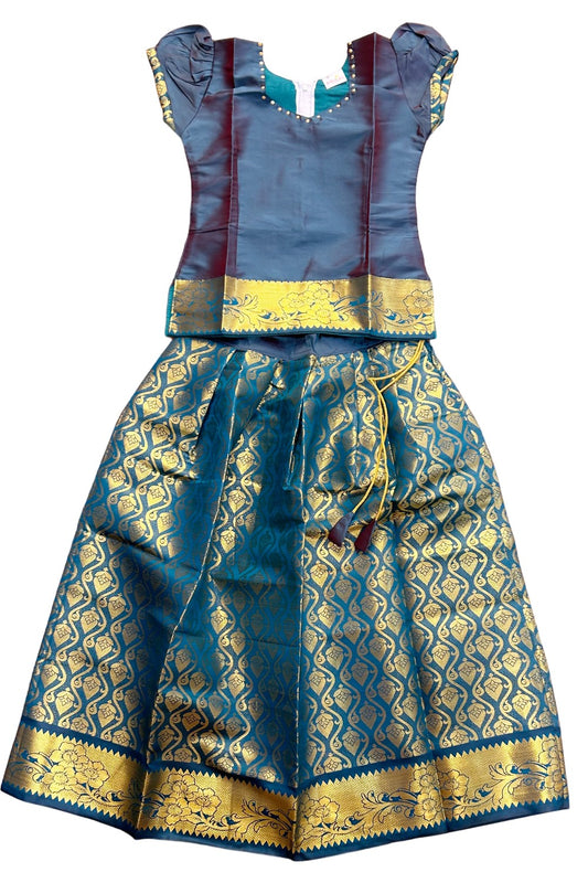 Midukki-Traditional South Indian Kids Pattu Pavada- Dark green top green brocade skirt - Age 8 - KK8MID0020