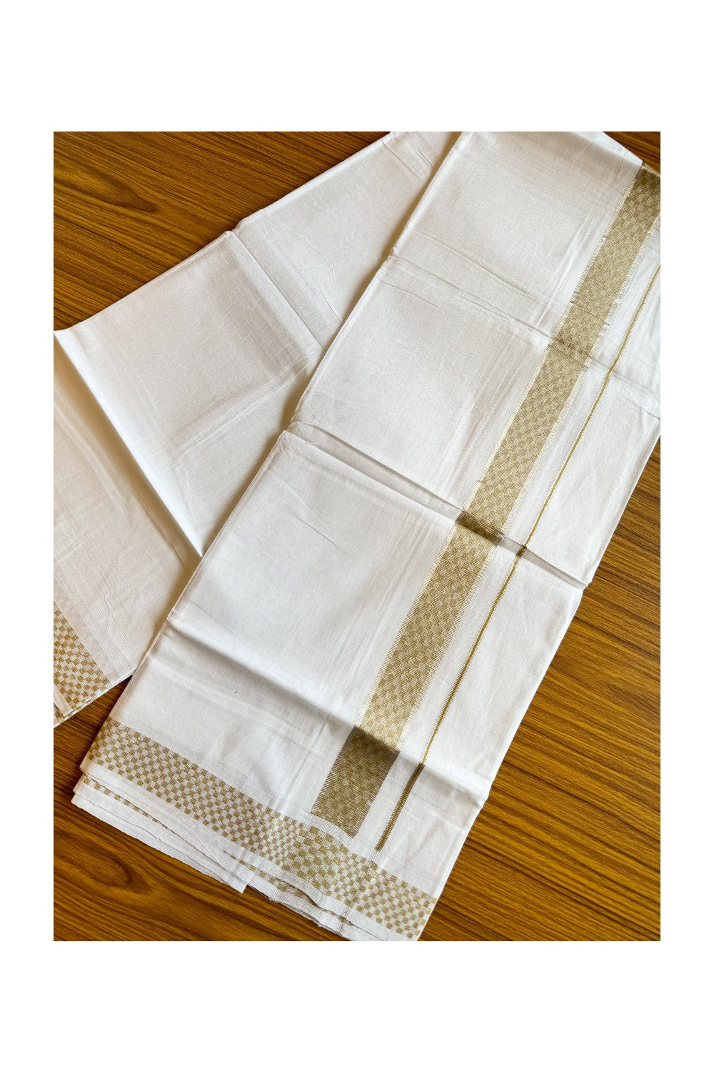 20% DISCOUNT! KaithariKada Balaramapuram 100% Cotton Double PURE white Mundu/Dhoti-100x100 2.25 inch Silver kasavu & Light Brown pattern Kara  - 20KK207PMC