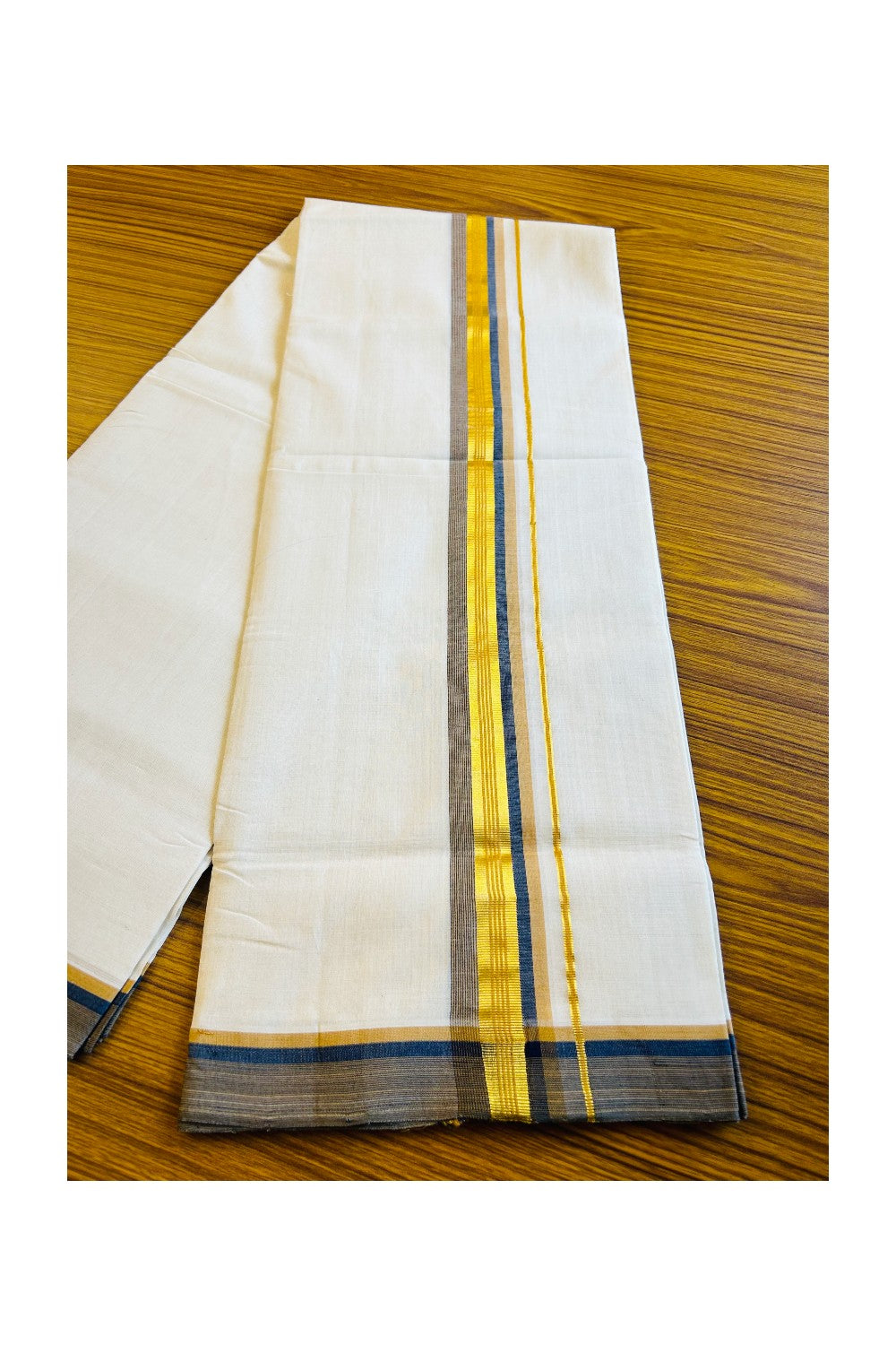 21% DISCOUNT! KaithariKada HANDLOOM UNAKKUPAAV Balaramapuram - 100% PURE Cotton Off White -  Double Mundu/Dhoti - Gold Kasavu & Navy Blue Orange Kara- 20KK403RAM