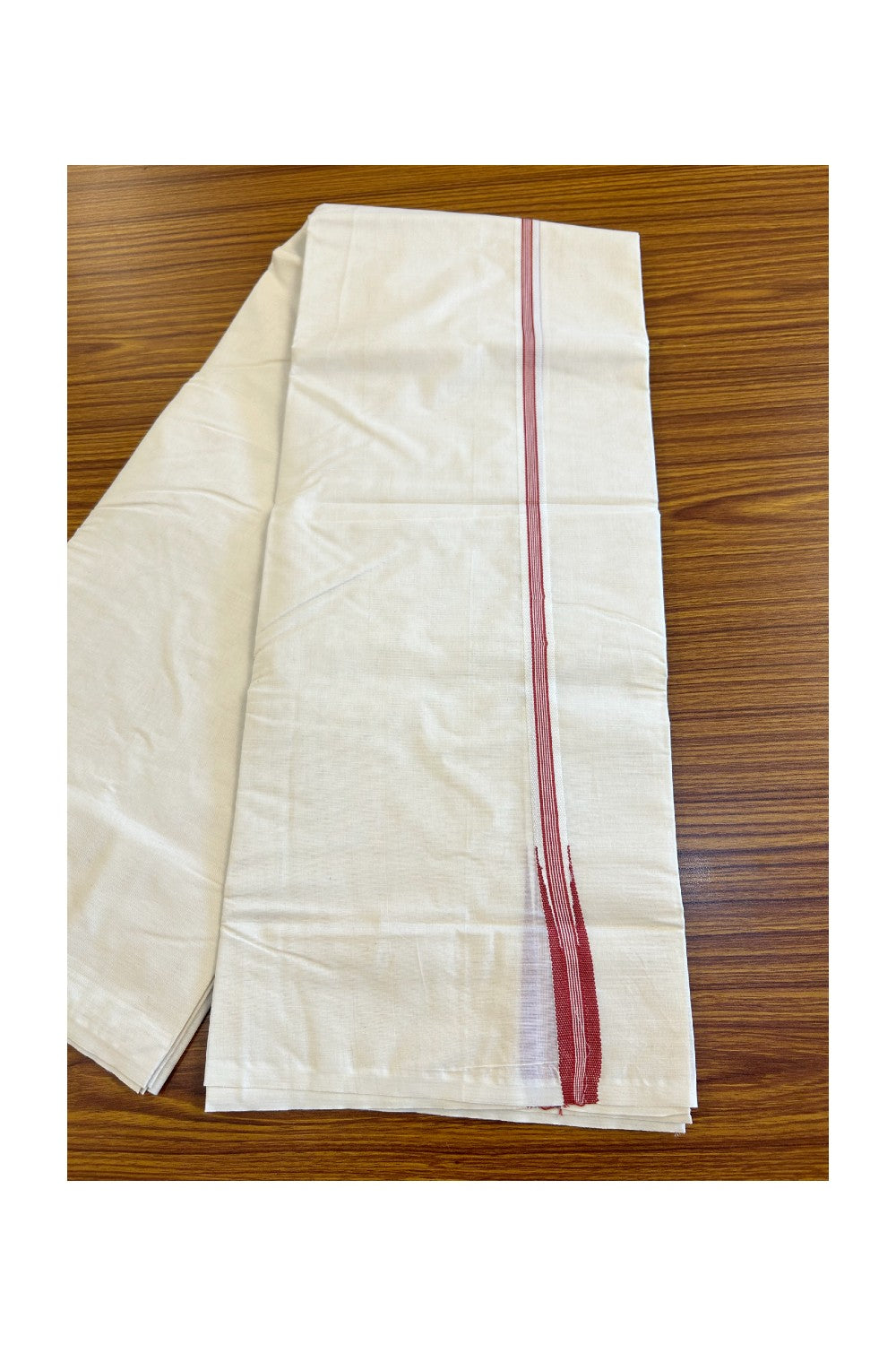 New!! 26% Discount ! KaithariKada Balaramapuram 100% Cotton Double Off white Mundu/Dhoti-100x100 Puliyilakkara 2.cm Chutty BRICK RED Striped kara - 20KK417ASH