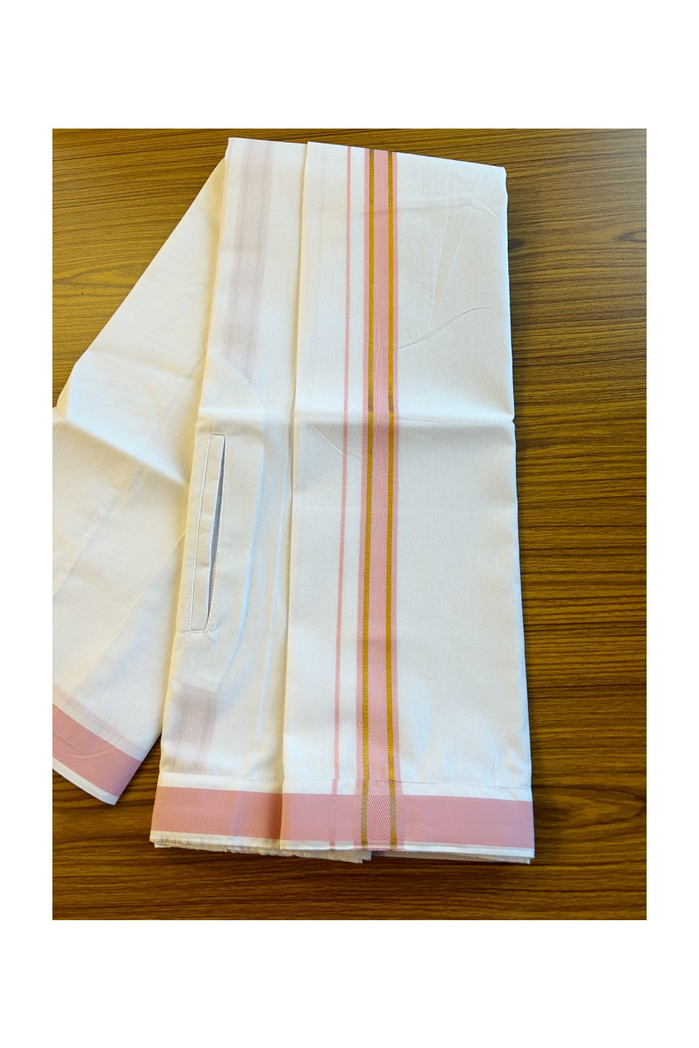 KaithariKada Balaramapuram  COTTON SINGLE PURE WHITE VELCRO Mundu/Dhoti - 1.75inch  Pink & Kasavu kara - 20KK485SRI