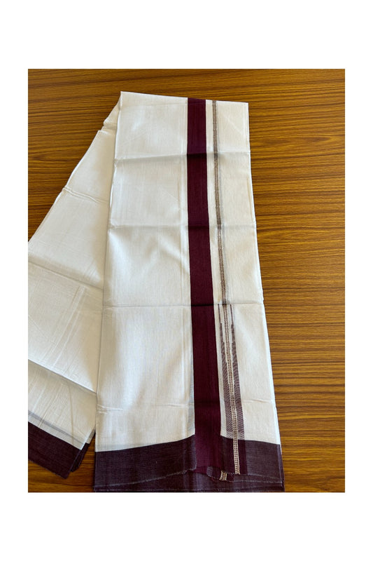 Kaitharikada  Balaramapuram 100% Pure Cotton PURE WHITE Double Mundu/Dothi - 80x92 - 1.5 Inch Dark Maroon & Silver striped Chutty kara - 20KK5022VAN