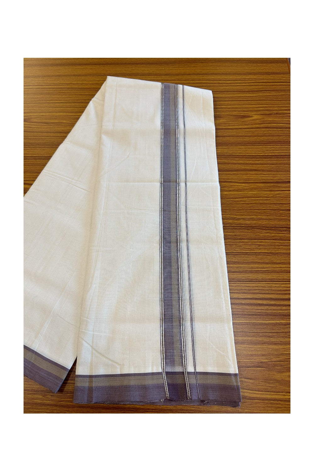 19% Discount!!! KaithariKada HANDLOOM UNAKKUPAAV Balaramapuram - 100% PURE Cotton off white Double - (Unbleached) Mundu/Dhoti - 2 inch Silver kasavu Brown & Sage Green striped kara - 19KK5049REA