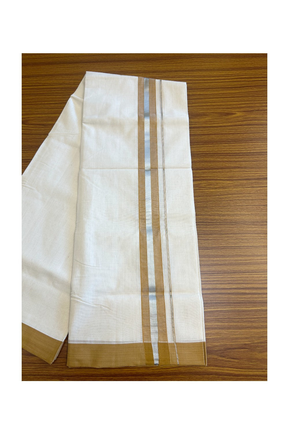 21% Discount KaithariKada HANDLOOM Unakkupaav Balaramapuram - 100% PURE Cotton Off White (Unbleached) - 100x100 Double Mundu/Dhoti - 2.25 inch  Silver Kasavu Light Brown Kara- 218