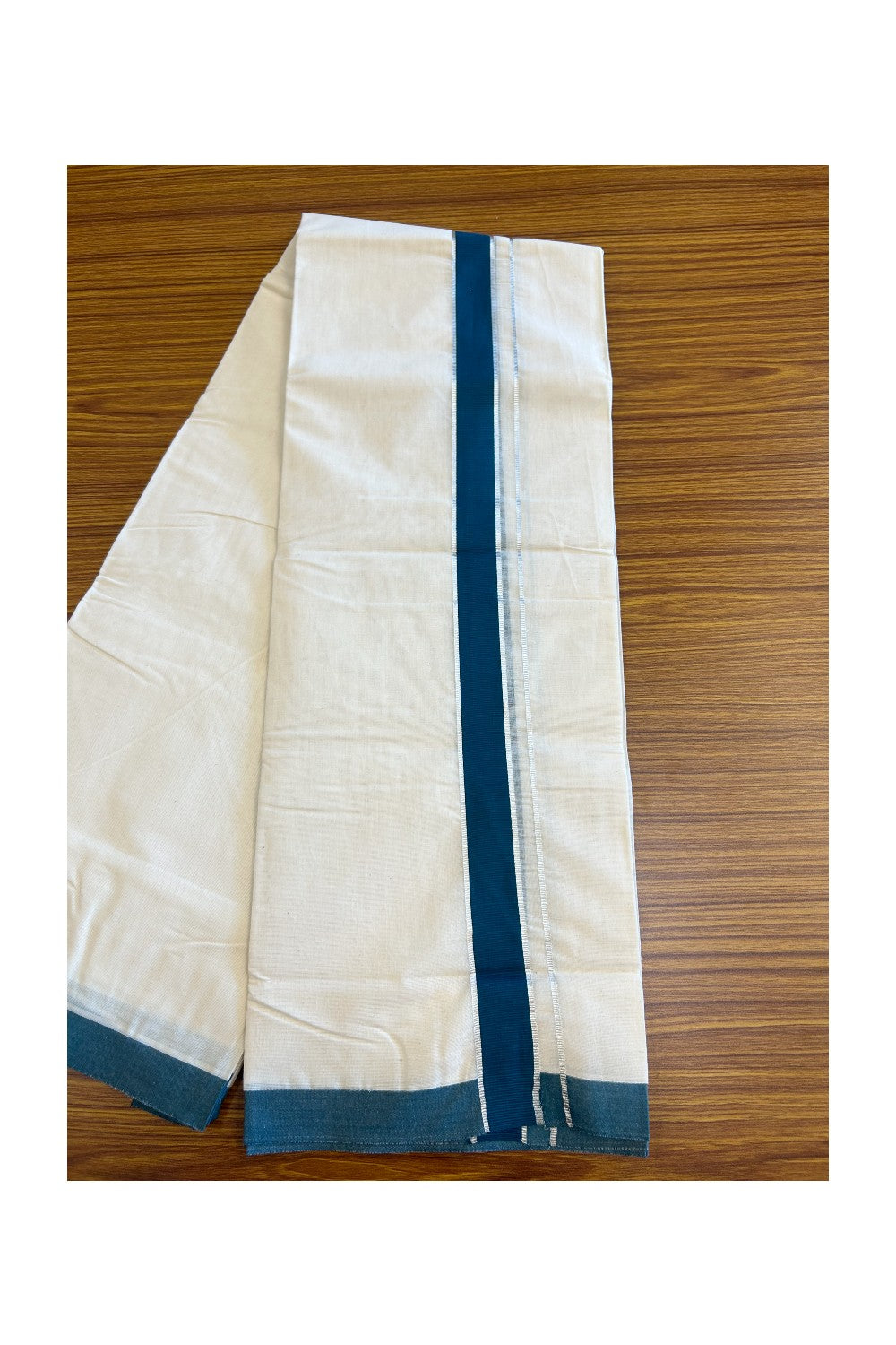 20% Discount KaithariKada Balaramapuram 100% Cotton Double Off white - (Unbleached) - Mundu/Dhoti - 100x80 -  1.75 inch Silver Kasavu & Peacock Green Kara 3.75 mtr - 116