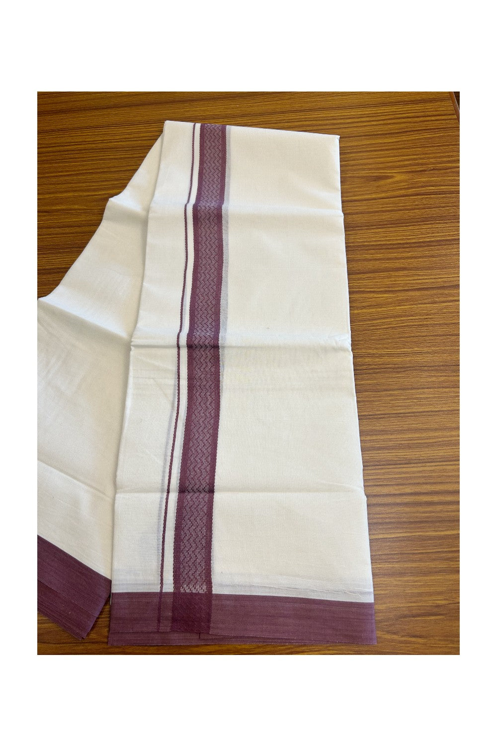 19% Discount!!! KaithariKada Balaramapuram  Double Off white - (Unbleached) Mundu/Dhoti - 80X90 - 2 inch Wine Purple Pattern Kara 3.85 meters - 20KK5058GUN