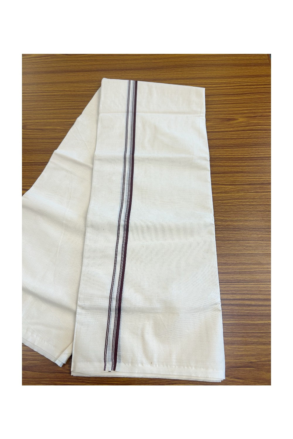 33% DISCOUNT ! KaithariKada Balaramapuram 100% Cotton Double Off white (Unbleached) Mundu/Dhoti-100X100-  BROWN  & STRIPES 2.cm Kara.- ASH015.