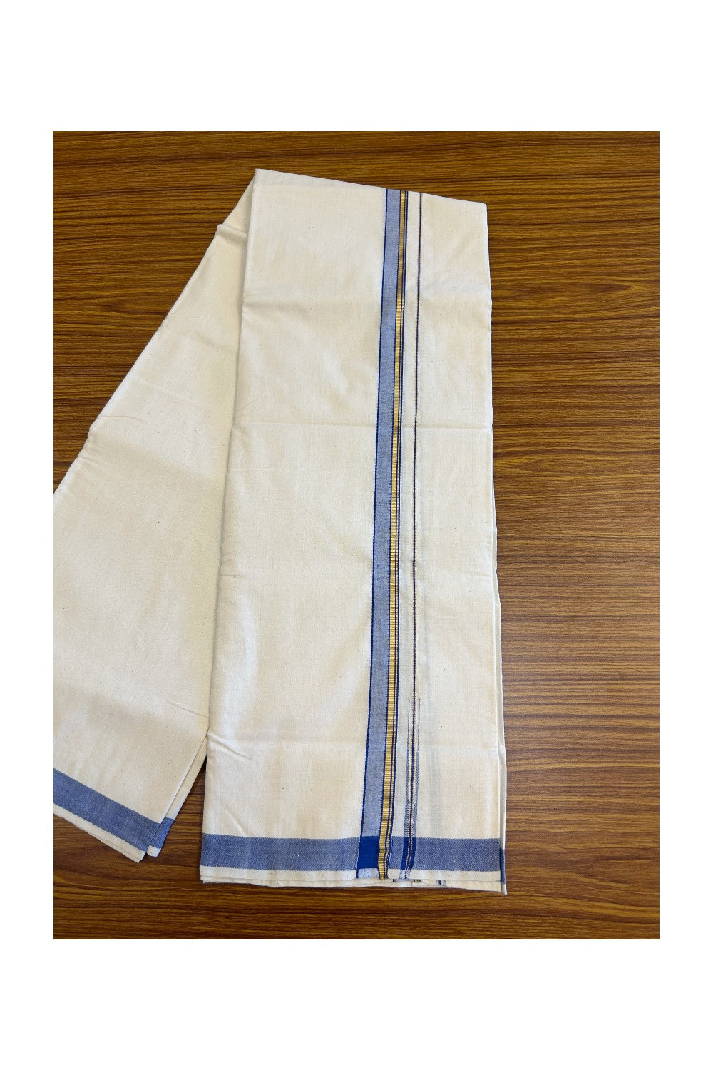 32% Discount ! KaithariKada 100% Cotton Balaramapuram HANDLOOM Single Mundu/Dhoti - Off White (Unbleached) 1.Inch Blue & Stripes Kasavu Puliyilakkara Chutty.