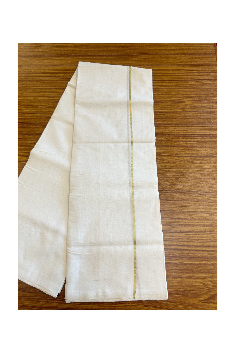 15% DISCOUNT!! KaithariKada HANDLOOM Unakkupaavu Balaramapuram - 100% PURE Cotton OFF White - (Unbleached) Double Mundu/Dothi - GOLD  KASAVU 1.cm Kara- KK46SOM-33.