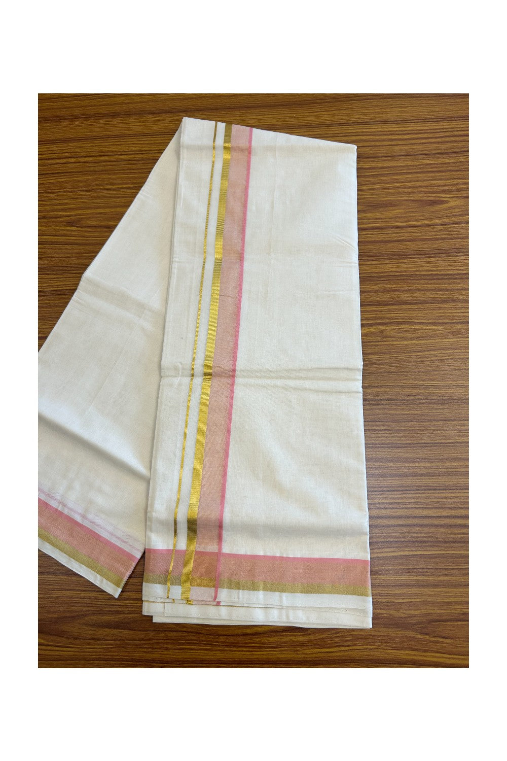 21% Discount!!! KaithariKada 100% Cotton HANDLOOM Off white (Unbleached) Double Dhoti/Mundu - 2 inch Pink& Kasavu Border