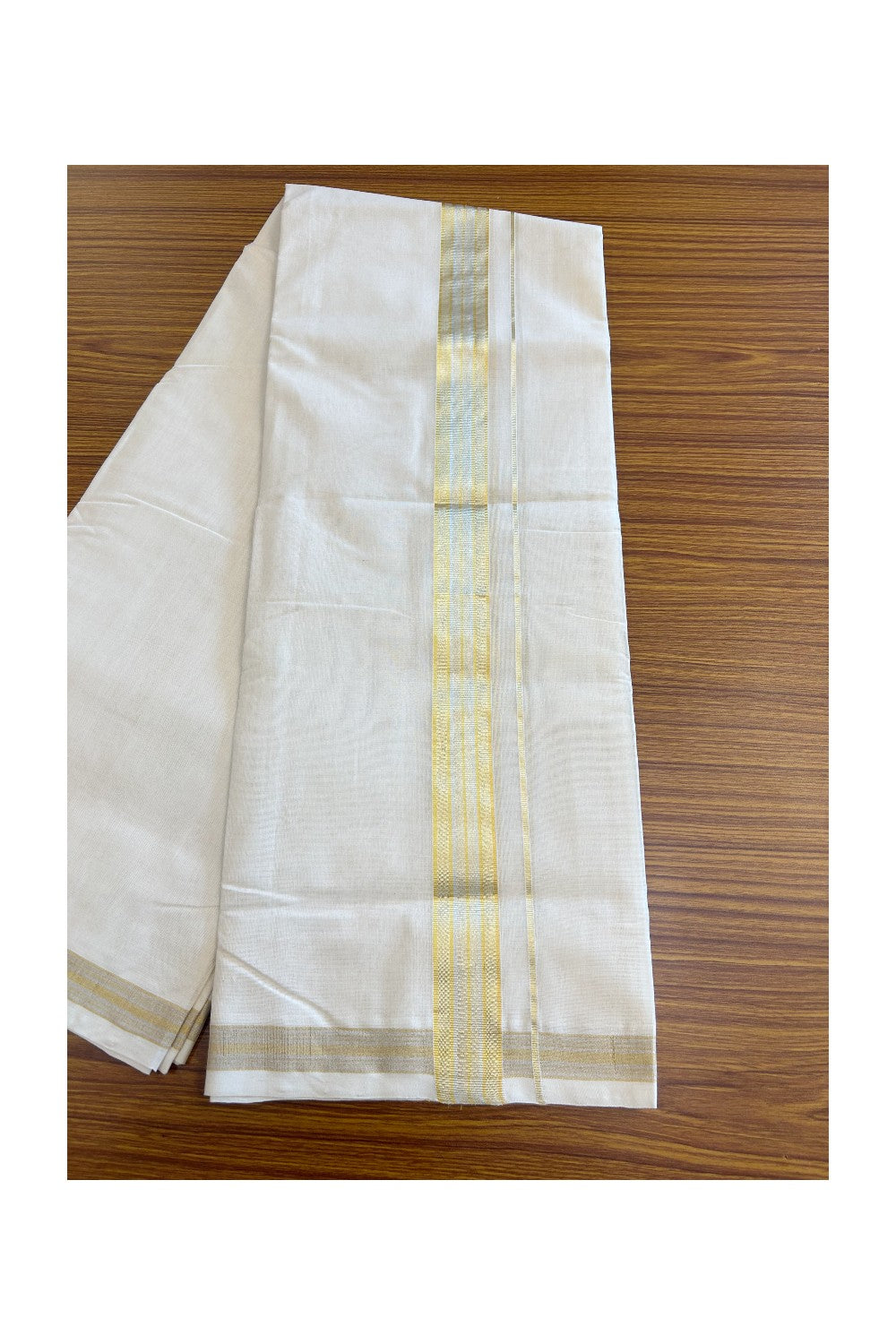 30% DISCOUNT ! KaithariKada HANDLOOM Millpaav Balaramapuram - 100% PURE Cotton Off White - (Unbleached) Double Mundu/Dhoti - 2.25 inch Gold Kasavu & Silver Striped Kara - 20KK5105RAM