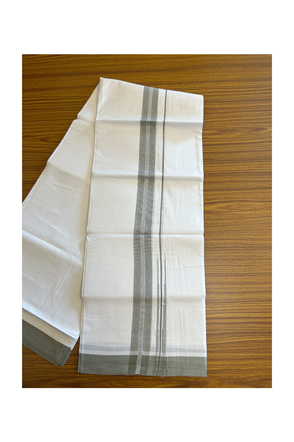 25% DISCOUNT!!! KaithariKada Balaramapuram 100% Cotton Double PURE white Mundu/Dhoti -80X80 - 1.25 Inch Dark Sage green & White Centre stripes Chutty kara - 20KK5108GAN