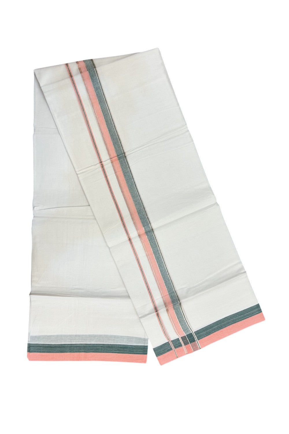 21% Discount !! KaithariKada Balaramapuram Double PURE WHITE Mundu/Dhoti- 100x80 - 1.25 inch Pink Green Kara Silver Striped kara - 20KK5143PMC