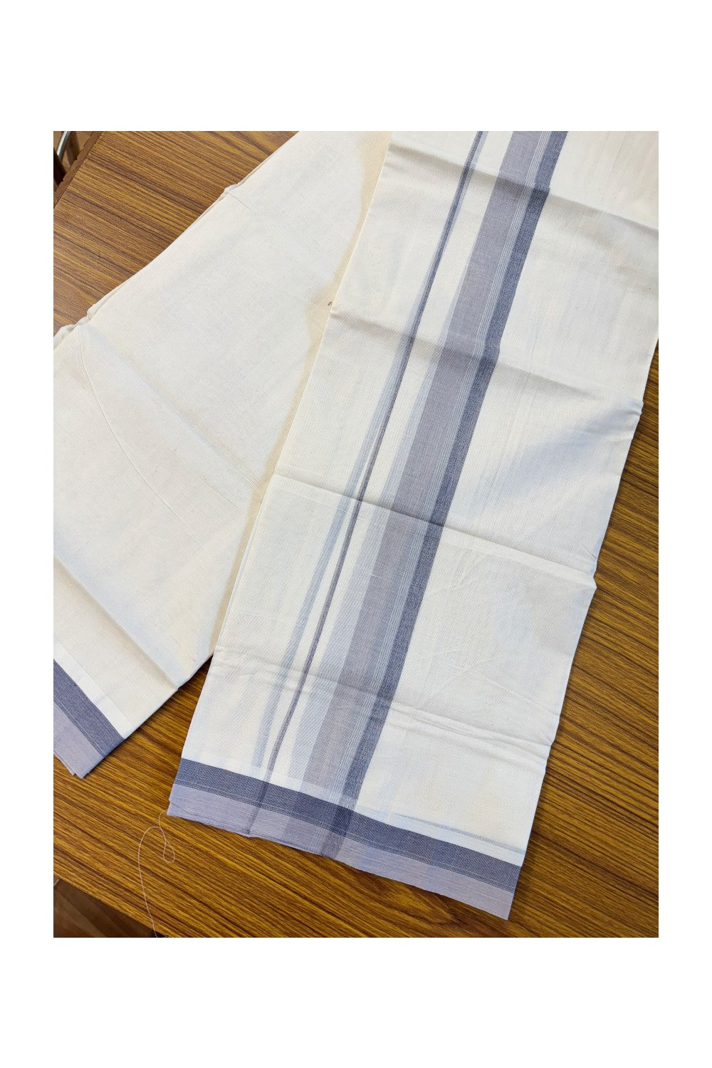 19% DISCOUNT ! KaithariKada Balaramapuram 100%  Cotton off white Double  Mundu/Dhoti - 100X100  Gray & Navy blue shaded kara with  centre stripes - 20KK81VIN