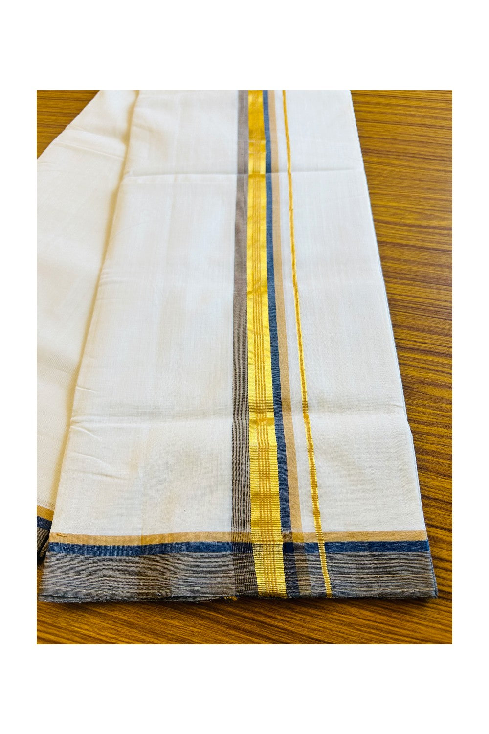 21% DISCOUNT! KaithariKada HANDLOOM UNAKKUPAAV Balaramapuram - 100% PURE Cotton Off White -  Double Mundu/Dhoti - Gold Kasavu & Navy Blue Orange Kara- 20KK403RAM