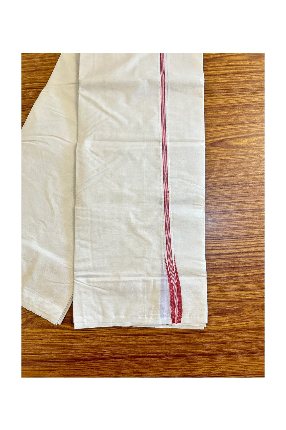 New!! 26% Discount ! KaithariKada Balaramapuram 100% Cotton Double Off white Mundu/Dhoti-100x100 Puliyilakkara 2.cm Chutty BRICK RED Striped kara - 20KK417ASH