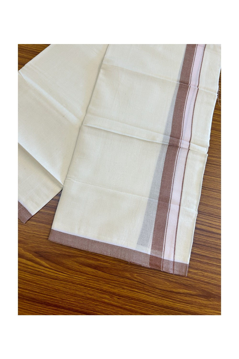 10% DISCOUNT! KaithariKada Balaramapuram 100% Cotton Double Off white Mundu/Dhoti-100X100- 1.75  inch Brown Kara- 20KK500KK