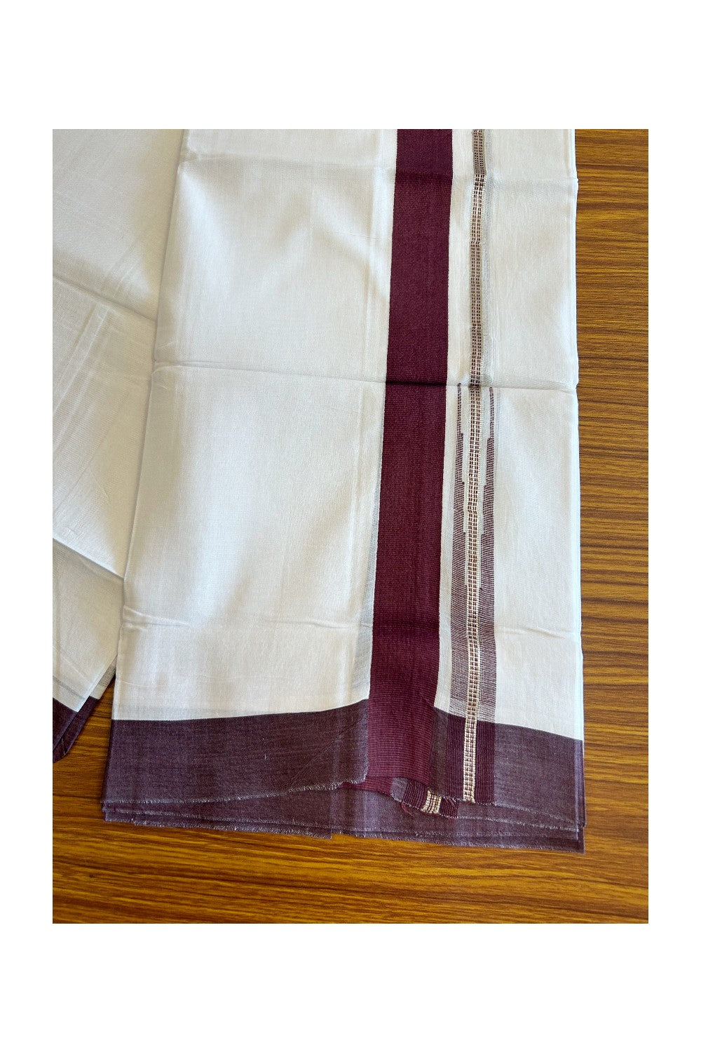 Kaitharikada  Balaramapuram 100% Pure Cotton PURE WHITE Double Mundu/Dothi - 80x92 - 1.5 Inch Dark Maroon & Silver striped Chutty kara - 20KK5022VAN