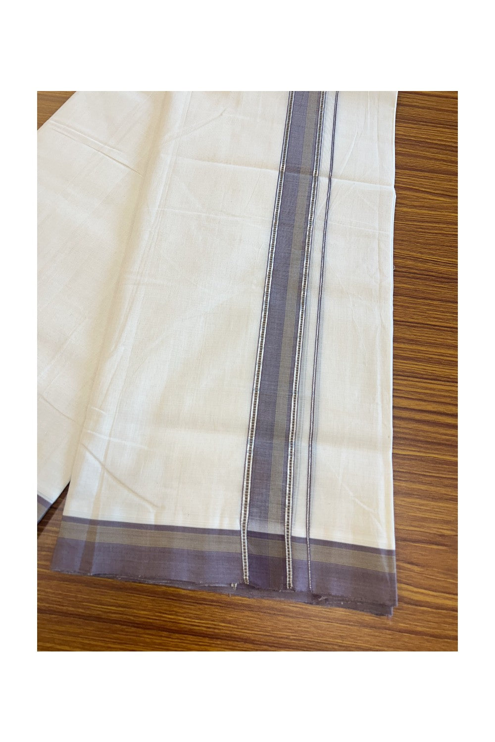 19% Discount!!! KaithariKada HANDLOOM UNAKKUPAAV Balaramapuram - 100% PURE Cotton off white Double - (Unbleached) Mundu/Dhoti - 2 inch Silver kasavu Brown & Sage Green striped kara - 19KK5049REA