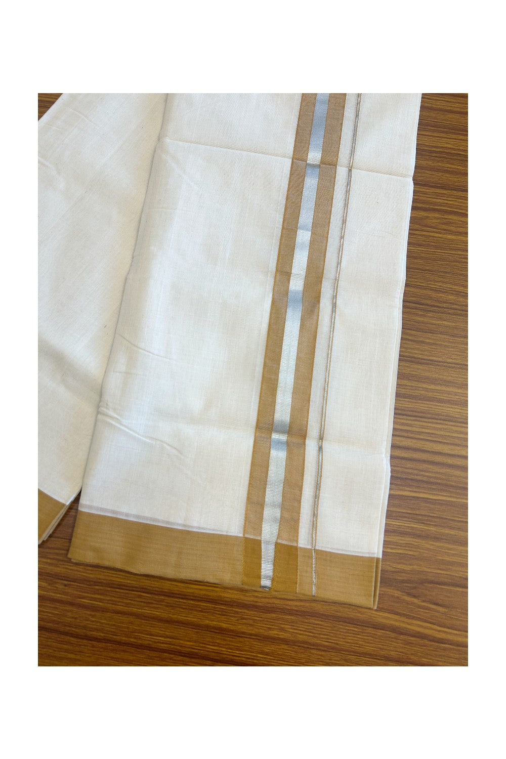 21% Discount KaithariKada HANDLOOM Unakkupaav Balaramapuram - 100% PURE Cotton Off White (Unbleached) - 100x100 Double Mundu/Dhoti - 2.25 inch  Silver Kasavu Light Brown Kara- 218