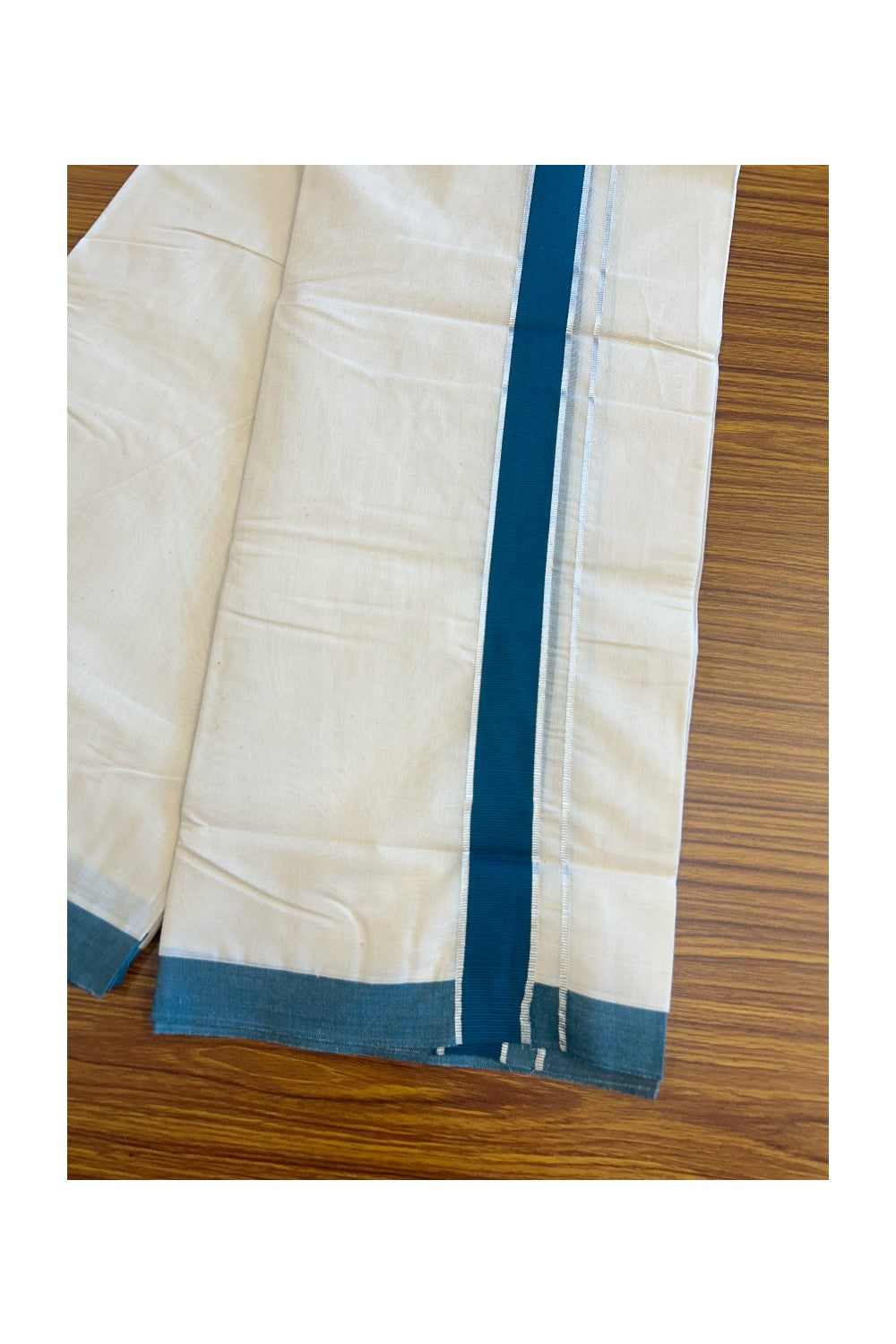 20% Discount KaithariKada Balaramapuram 100% Cotton Double Off white - (Unbleached) - Mundu/Dhoti - 100x80 -  1.75 inch Silver Kasavu & Peacock Green Kara 3.75 mtr - 116