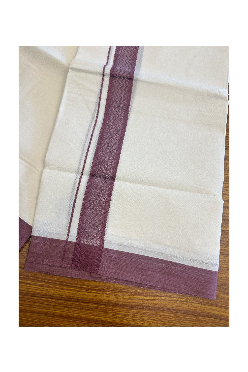 19% Discount!!! KaithariKada Balaramapuram  Double Off white - (Unbleached) Mundu/Dhoti - 80X90 - 2 inch Wine Purple Pattern Kara 3.85 meters - 20KK5058GUN