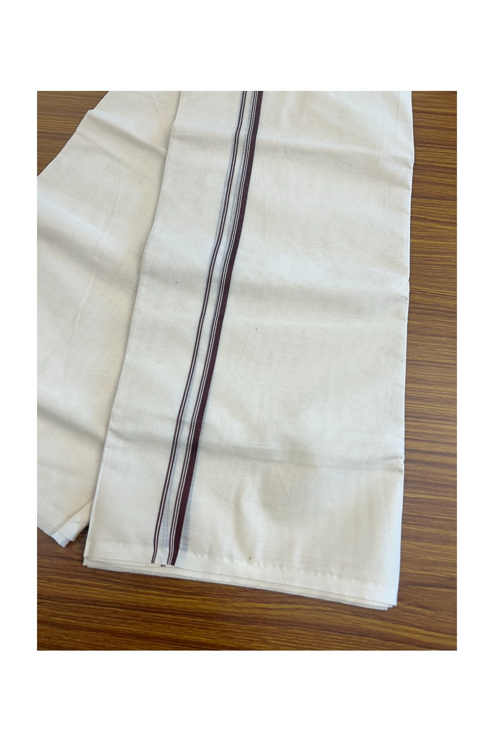 33% DISCOUNT ! KaithariKada Balaramapuram 100% Cotton Double Off white (Unbleached) Mundu/Dhoti-100X100-  BROWN  & STRIPES 2.cm Kara.- ASH015.