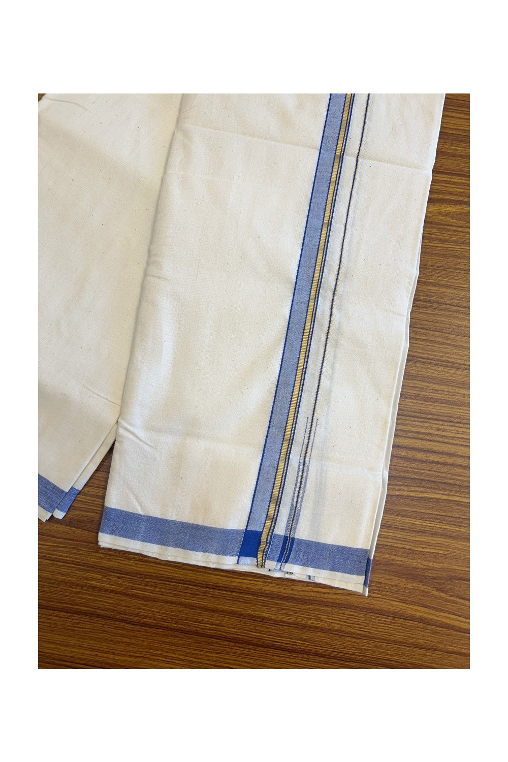 32% Discount ! KaithariKada 100% Cotton Balaramapuram HANDLOOM Single Mundu/Dhoti - Off White (Unbleached) 1.Inch Blue & Stripes Kasavu Puliyilakkara Chutty.