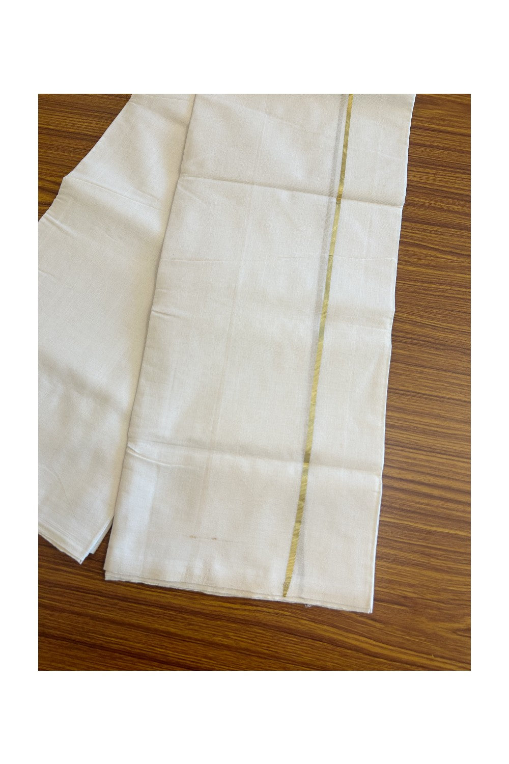 15% DISCOUNT!! KaithariKada HANDLOOM Unakkupaavu Balaramapuram - 100% PURE Cotton OFF White - (Unbleached) Double Mundu/Dothi - GOLD  KASAVU 1.cm Kara- KK46SOM-33.