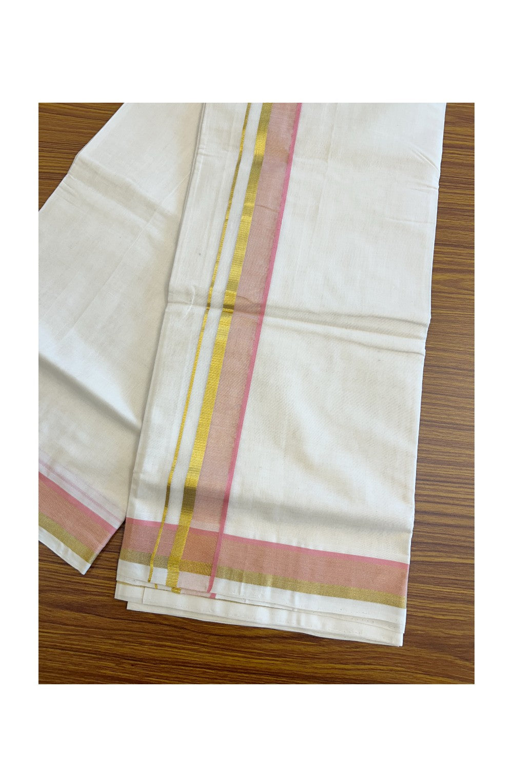 21% Discount!!! KaithariKada 100% Cotton HANDLOOM Off white (Unbleached) Double Dhoti/Mundu - 2 inch Pink& Kasavu Border