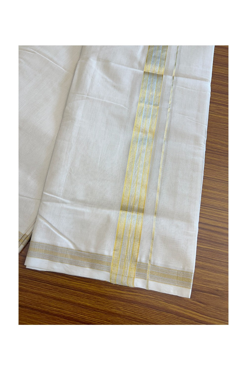 30% DISCOUNT ! KaithariKada HANDLOOM Millpaav Balaramapuram - 100% PURE Cotton Off White - (Unbleached) Double Mundu/Dhoti - 2.25 inch Gold Kasavu & Silver Striped Kara - 20KK5105RAM