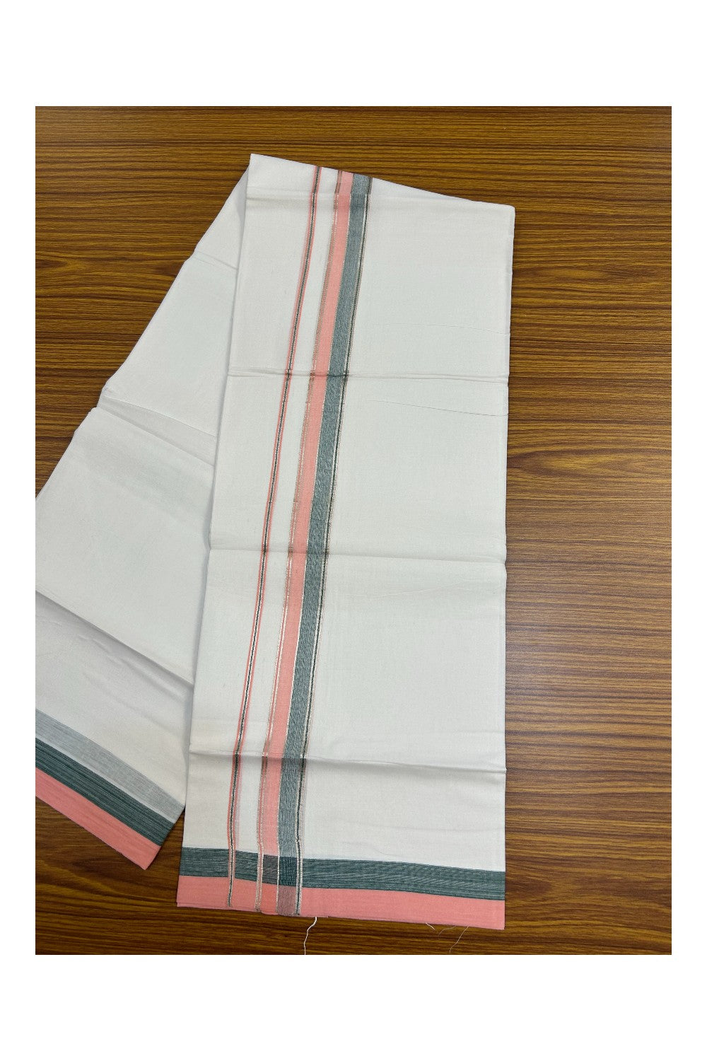 21% Discount !! KaithariKada Balaramapuram Double PURE WHITE Mundu/Dhoti- 100x80 - 1.25 inch Pink Green Kara Silver Striped kara - 20KK5143PMC