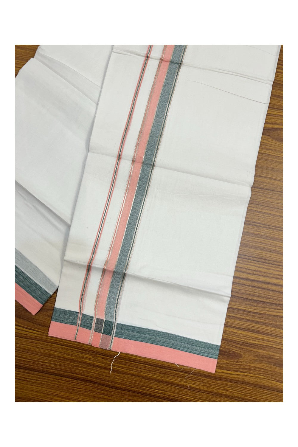 21% Discount !! KaithariKada Balaramapuram Double PURE WHITE Mundu/Dhoti- 100x80 - 1.25 inch Pink Green Kara Silver Striped kara - 20KK5143PMC