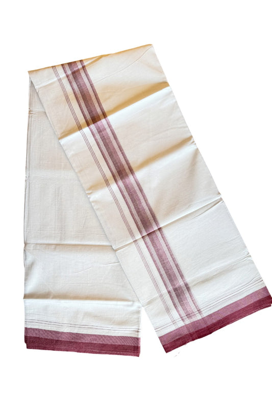 19% DISCOUNT!!! KaithariKada Balaramapuram 100% Cotton PURE white Double Mundu/Dhoti-100x100   2.5 Inch Maroon & Pink shades with striped kara  - 21KK206VIN