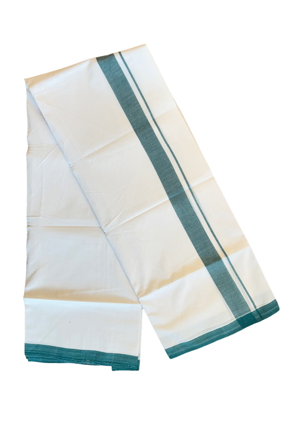 24% Discount! KaithariKada Balaramapuram Handloom 100% Millpaav Cotton Double Mundu/Dhoti Pure white - 100x100  Green Mulloth Border - 21KK404RAM