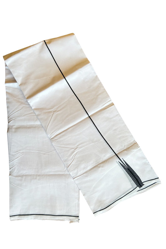 19% DISCOUNT!! KaithariKada Balaramapuram 100% Cotton PURE WHITE Double Mundu/Dhoti-100x100  2 cm Puliyilakkara  Black striped Chutty KARA - 21KK412ASH